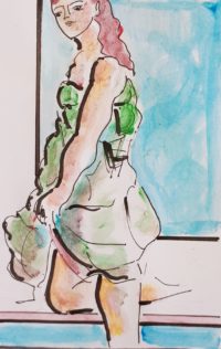 Jeune femme à la Schiele / Aquarelle et encre / 30 x 50 