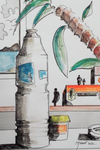 Nature morte en atelier / Aquarelle et encre / 30 x 50 