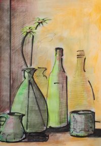 Nature morte aux vases 05 / Aquarelle et encre / 30 x 50 