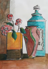Le coin des vases / Aquarelle et encre / 30 x 50 