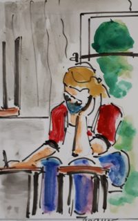 Elève au travail - Aquarelle et encre - 30 x 50 