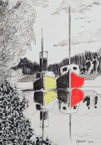 Navires au mouillage / Encre et aquarelle / 30 x 50 