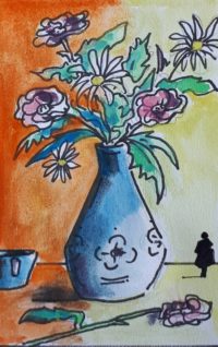 Bouquet et son vase / Aquarelle et encre / 30 x 50 