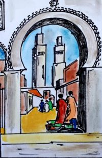 Entrée du souk / Aquarelle et encre / 30 x 50 