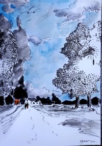 A l'approche du hameau / Encre et aquarelle / 50 x 70 