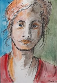 Portrait à la robe rose / Aquarelle et encre / 50 x 70 