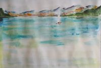Marine au voiles blanches / Aquarelle / 70 x 50 