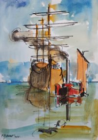 A la Turner, navires au mouillage / Aquarelle et encre / 30 x 50 