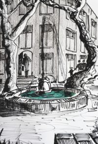 A la Van Gogh, la fontaine / Encre et aquarelle / 30 x 50 
