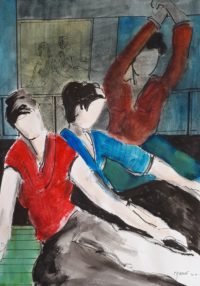 Le trio en pause / Aquarelle et encre / 50 x 70 