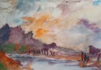 Paysage et fleuve / Aquarelle / 70 x 50