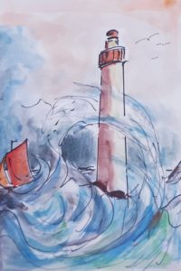 Phare en tempête / Encre et aquarelle / 30 x 50