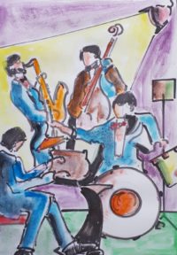 Orchestre en folie / Aquarelle et encre / 30 x 50 