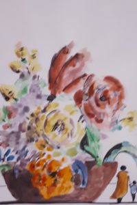 Vasque fleurie / Aquarelle et encre / 30 x 50 
