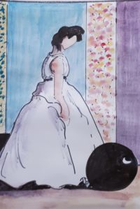 Robe blanche au boulet / Aquarelle et encre / 30 x 50 