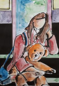 Avec mon ours / Aquarelle et encre / 30 x 50 