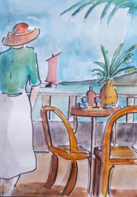 Sur la terrasse / Aquarelle et encre / 30 x 50 