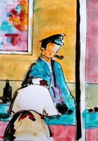 Au bistrot / Aquarelle et encre / 30 x 50 