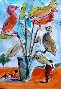 Les fleurs oiseaux / Aquarelle et encre / 30 x 50 