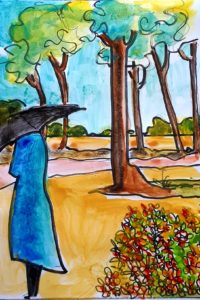 Dans le parc / Aquarelle et encre / 30 x 50 