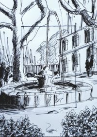 Place de la fontaine / Encre / 30 x 50 