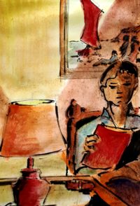 Lecture / Aquarelle et encre / 30 x 50