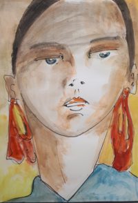 Portrait aux pendentifs / Aquarelle et encre / 30 x 50 