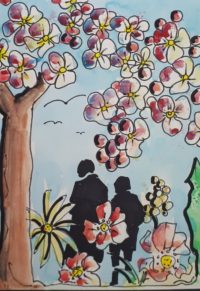 Les cerisiers en fleurs / Aquarelle et encre / 30 x 50 
