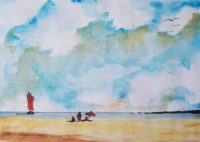 Le calme de la plage / Aquarelle et encre / 50 x 30 