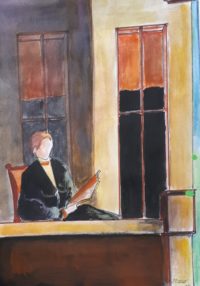 Lecture sur terrasse / Aquarelle et encre / 50 x 70 