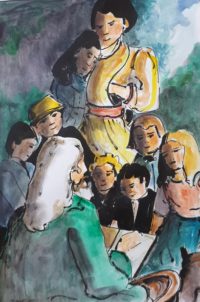 Le conteur et son public / Aquarelle et encre / 50 x 70 