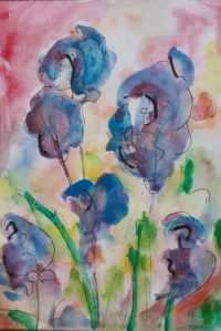 Les iris en folie / Aquarelle et encre, papier Japon / 30 x 50 