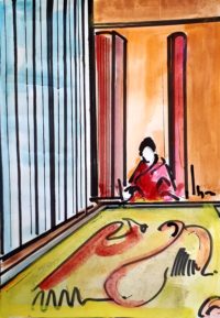 Japon et l'artiste au travail / Aquarelle et encre / 30 x 50 