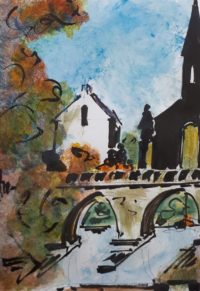 Le pont du bourg / Encre et aquarelle / 30 x 50 