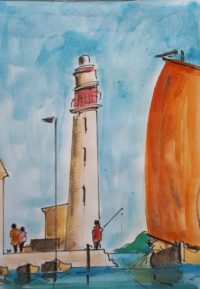 Au pied du phare 01 / Aquarelle et encre / 30 x 50 