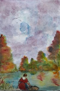 La lavandière du lac / Aquarelle et encre / 30 x 50 