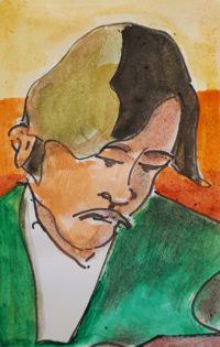 Portrait au gilet vert / Aquarelle et encre / 30 x 50 