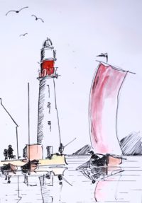 Le port du phare 02 / Encre et aquarelle / 30 x 50