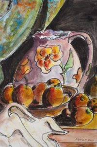 Nature morte au pot fleuri / Aquarelle et encre / 50 x 70 