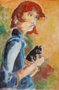 Jeune fille au chaton / Aquarelle et encre / 50 x 70 