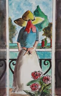 Au balcon et vue champêtre / Aquarelle et encre / 50 x 70 