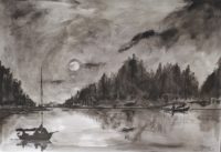 Clair de lune au lac / Encre / 70 x 50 