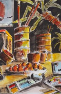 Nature morte du peintre / Aquarelle et encre / 50 x 70 