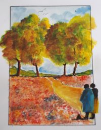 Promenade fleurie / Aquarelle et encre / 50 x 70 