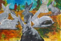 Lapins en bonne compagnie / Acrylique et encre / 70 x 50 