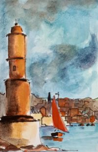 Le phare du port / Aquarelle et encre / 30 x 50 