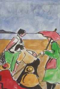 Groupe sur la plage 01 / Aquarelle et encre / 30 x 50 