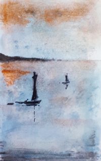 Voilier au crépuscule / Encre et aquarelle / 30 x 50 