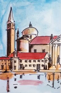 Le campanile vénitien / Encre et aquarelle / 30 x 50 