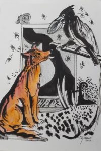 Le corbeau et le renard / Encre et aquarelle / 30 x 50 